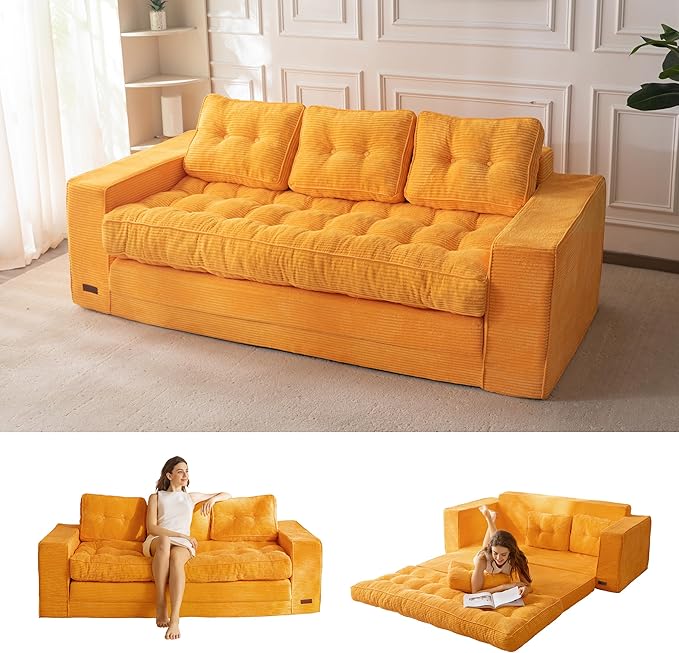 MAXYOYO Convertible Sofa Bed, Pull Out 3 Seater Sleeper Sofa, 2 in 1 Folding Couch Bed, Fold Out Floor Couch with Pillows for Living Room Bedroom Lounge, Orange