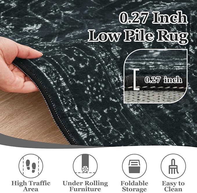 Black White Round Rugs 5ft, Non Slip Washable Thin Circle Rugs for Bedroom Living Room, Traditional Medallion Printed Circle Carpet 5 feet for Kitchen Dining Room