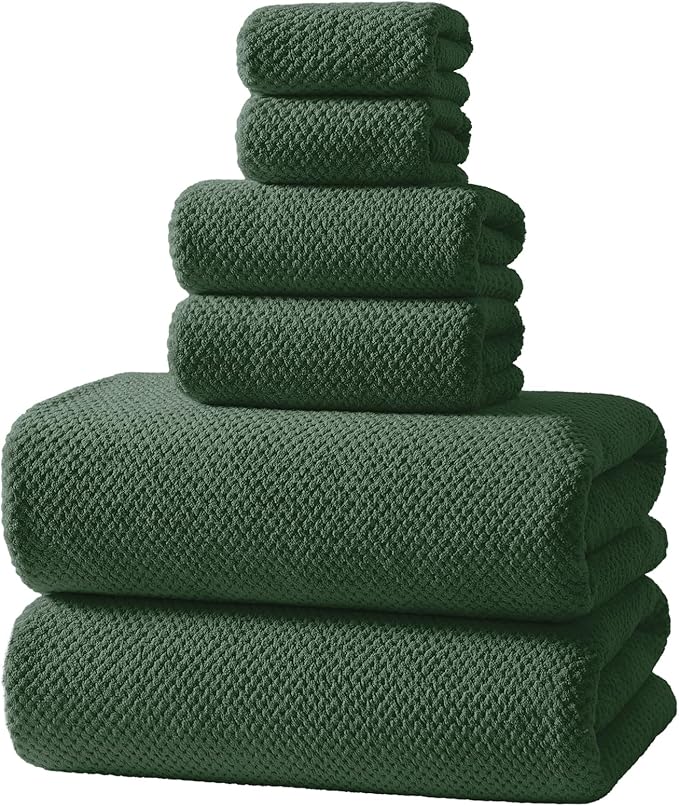 REDKISS 6-Piece Bath Towel Set - 2 Washcloths, 2 Hand Towels, 2 Bath Towels — Ultra-Fiber Coral Fleece, Super Absorbent, No Lint & No Fading — Perfect for Bathroom, Spa, Gym — Family -Olive Green