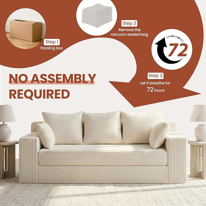 Convertible Sofa Bed, 5 in 1 Small Boneless Couch Pull Out Loveseat Sleeper Sofa,Corduroy Futon Couch Folding Mattress with 4 Pillows for Living Room Bedroom Lounge (No Assembly)