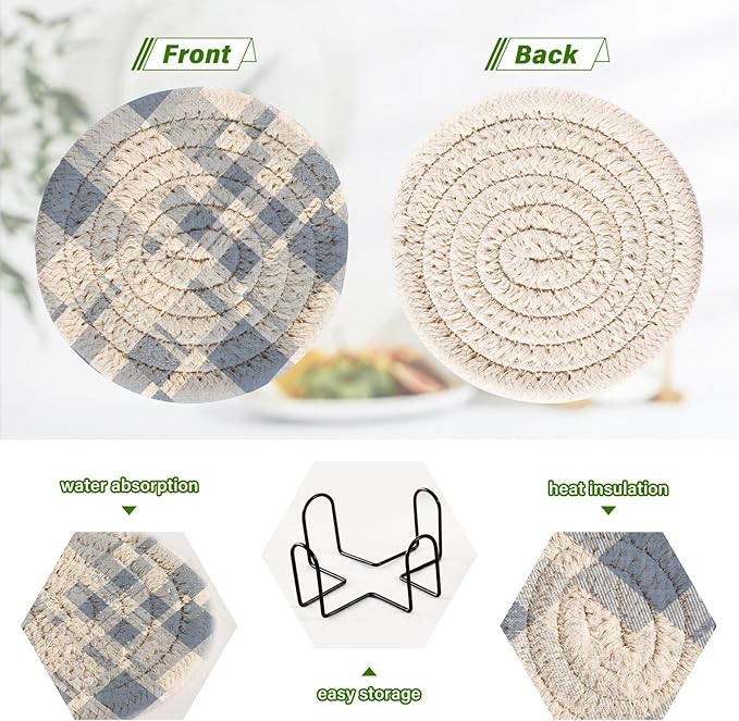 Handmade Cotton Absorbent Coaster Set of 6, Blue Plaid Drink Coasters, Minimalist Home Decor for Coffee Table, Kitchen, Housewarming and Wedding Registry Ideas