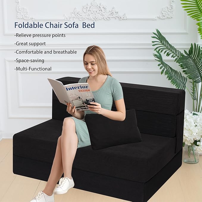 Sofa Bed Foldable Mattress ，Folding Sleeper Sofa Chair Bed Floor Mattress with Pillow for Living Room Home Office (Black-Corduroy, Twin)