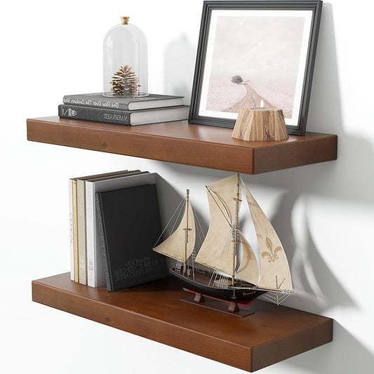 Floating Shelves for Wall, 24"Wx9.3"D USA-Sourced Douglas-Fir Solid Wood Rustic Wall Shelves with Heavy Duty Invisible Bracket, Nursery Book Storage Display Shelf for Bathroom, Set of 2, Walunt Finish