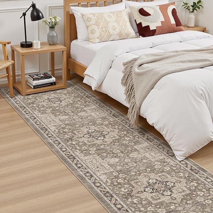 Vintage Hallway Runner Rug 2x8: Large Soft Washable Entryway for Kitchen Laundry Room Non-Slip Backing Runner for Entrance Living Room Bedroom Bathroom - Brown