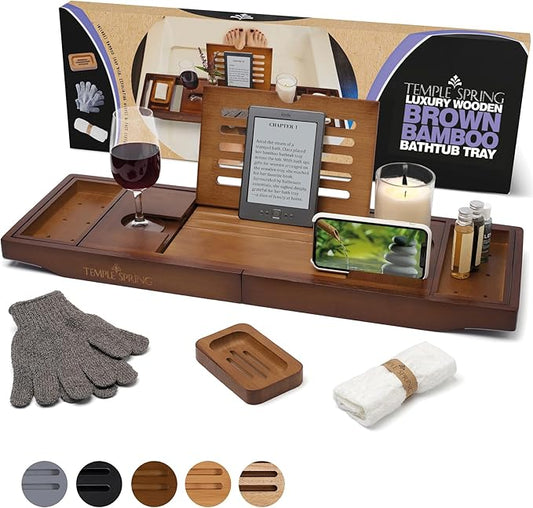 Temple Spring Bamboo Bathtub Tray Caddy for Tub — Expandable Wood Bath Tray with Solid Book Stand Wine Holder and Non-Slip Pads — Includes Bamboo Soap Dish and Spa Accessories — Luxury Bath Gift Set