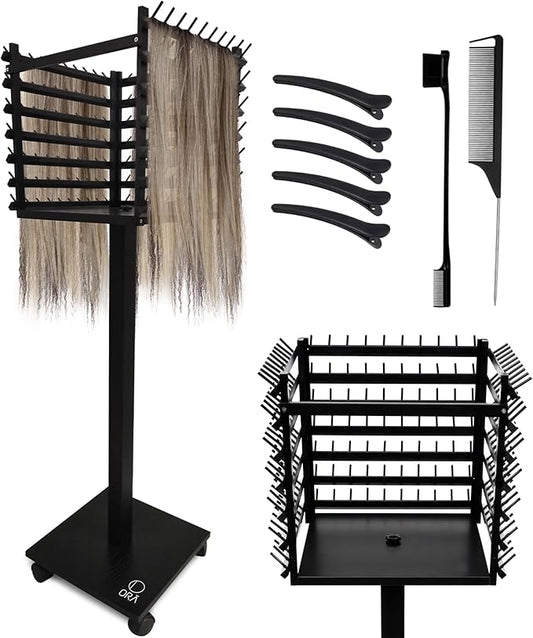 Braiding Hair Rack, Hair Extension Holder, Hair Braiding Tools, Hair Product Organizer, Wooden 3-Sided Rack Stand, Large Capacity (210 pegs)