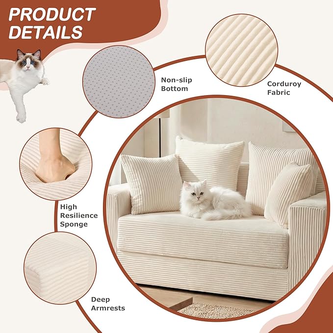 5 in 1 Convertible Sofa Bed,Small Boneless Couch Pull Out Loveseat Sleeper Sofa,Corduroy Futon Couch Folding Mattress with 4 Pillows for Living Room Bedroom Lounge (No Assembly)