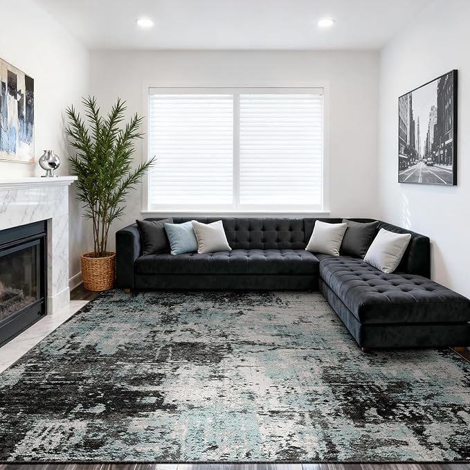Washable Area Rugs 10'x14 Non-Slip Modern Abstract Soft for Living Room Entryway Bedroom Nursery, Print Pattern, Blue Black Teal