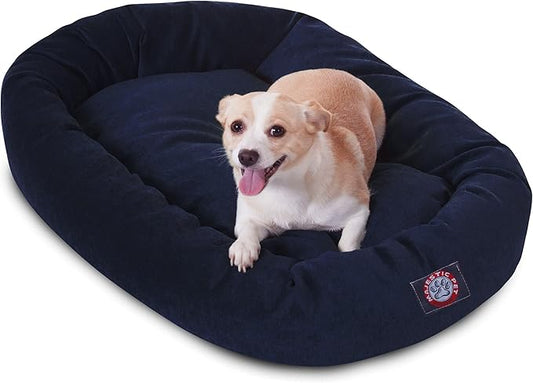 Majestic Pet 32 Inch Micro Velvet Calming Dog Bed Washable – Cozy Soft Round Dog Bed with Spine for Head Support - Fluffy Donut Puppy Mat 32x23x7 (inch) Medium – Navy (2025)