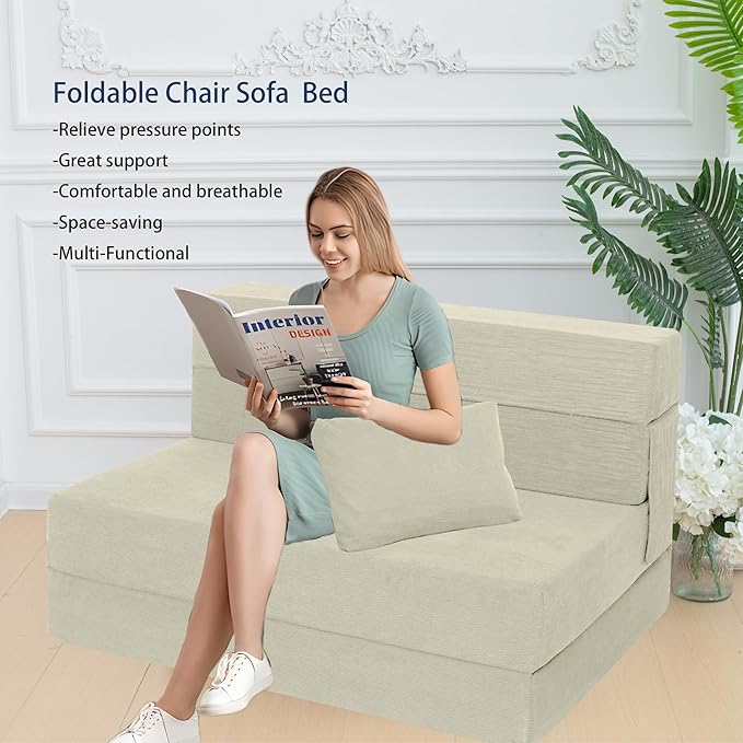 Sofa Bed Foldable Mattress ，Folding Sleeper Sofa Chair Bed Floor Mattress with Pillow for Living Room Home Office (Off White- Corduroy, Twin)