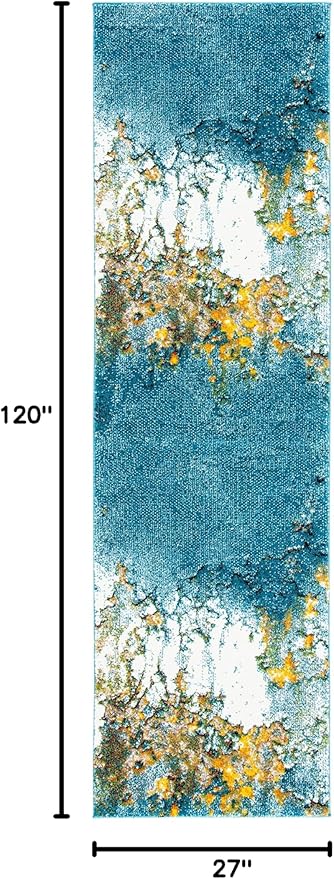 SAFAVIEH Glacier Collection 2'3" x 10' Blue/Gold GLA125M Modern Abstract Non-Shedding Living Room Entryway Foyer Hallway Bedroom Runner Rug