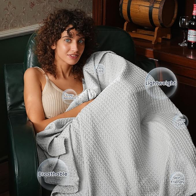 PHF Lightweight Waffle Weave Throw Blanket 50"x 60", Soft Woven Summer Blanket for Hot Sleepers - Aesthetic Home Decor for Couch Bed Sofa, Pet Friendly, Light Grey