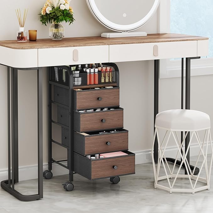 SWTYMIKI Rolling Makeup Organizer Cart - Floor Skincare Make Up Storage with 4 Non-woven Drawers, Vanity Organizer Cosmetic Display Cases Cabinet for Skin Care Perfume Nail Polish Brush Hair Tool