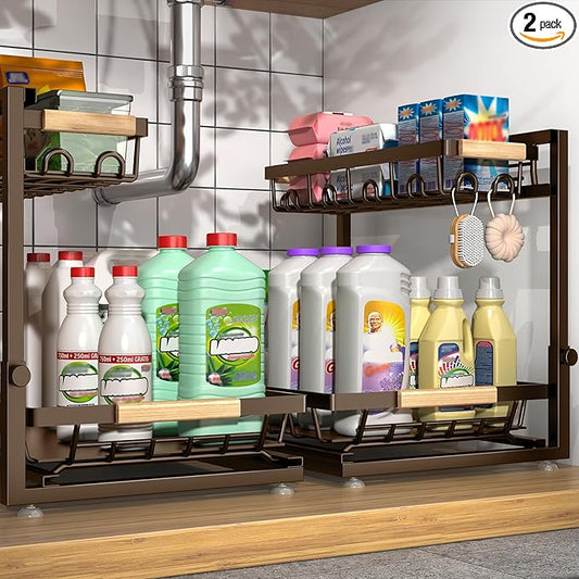 2 Packs Under Sink Organizer, Height Adjustable 2 Tier Under Kitchen Sink Organizer, Multi-Purpose Storage Shelf for Kitchen Bathroom Cabinet (Brown, Large)