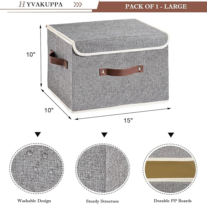 Collapsible Storage Boxes Baskets with Lid Cotton Linen Fabric Storage Bins with Faux Leather Handles Decorative Washable Cube Organizer Container for Home Closet Bedroom (Gray, Large Size)
