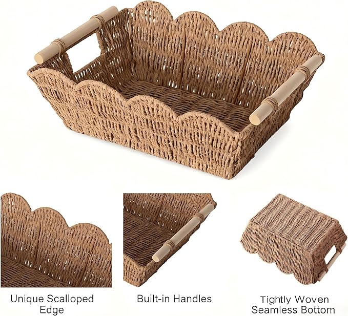Scalloped Basket with Wooden Handle, Water Hyacinth/Seagrass/Wicker Storage Baskets, Hand Woven Baskets for Shelves,Natural Baskets for Organizing (2 Pack Paper Rope, 16.5 * 12.6 * 5.5“)