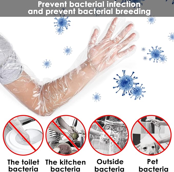50 Pcs Disposable Veterinary Plastic Gloves, 33.5-inch Disposable Long Arm Gloves Safety Poly Vet Long Sleeve Gloves, Latex-Free Clear Gloves for Food Handling, Animal Inspection Work