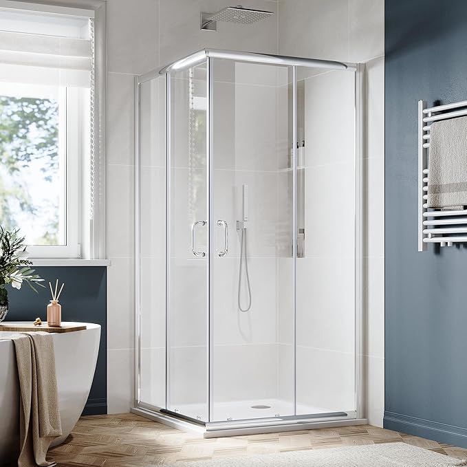 SUNNY SHOWER Corner Shower Enclosure 1/4 in. Clear Glass Semi-Frameless Sliding Shower Doors, 34 in. X 34 in. X 72 in. Bath Door, Chrome Finish Corner Shower Glass Enclosure