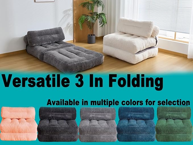 Folding Sofa Bed, Convertible Sleeper Chair Couch Bed Faux Rabbit Fur for Adults, with Back Support Floor Couch Comfy Floor Sofa for Living Room Bedroom, Dark Grey, Single