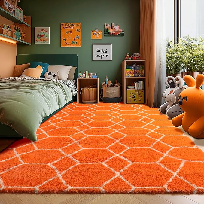 ONASAR Rugs for Living Room Bedroom, 5x8 Fluffy Orange and White Area Rug, Geometric Boho Soft Plush Shaggy Fuzzy Floor Carpet for Nursery Kids Girls Boys Teen Dorm Home Decor Aesthetic