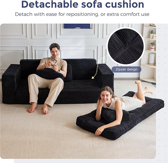 MAXYOYO Convertible Sofa Bed, Pull Out Oversized Loveseat Sleeper Sofa, Fold Out Floor Couch with Pillows for Living Room Bedroom Lounge, Black