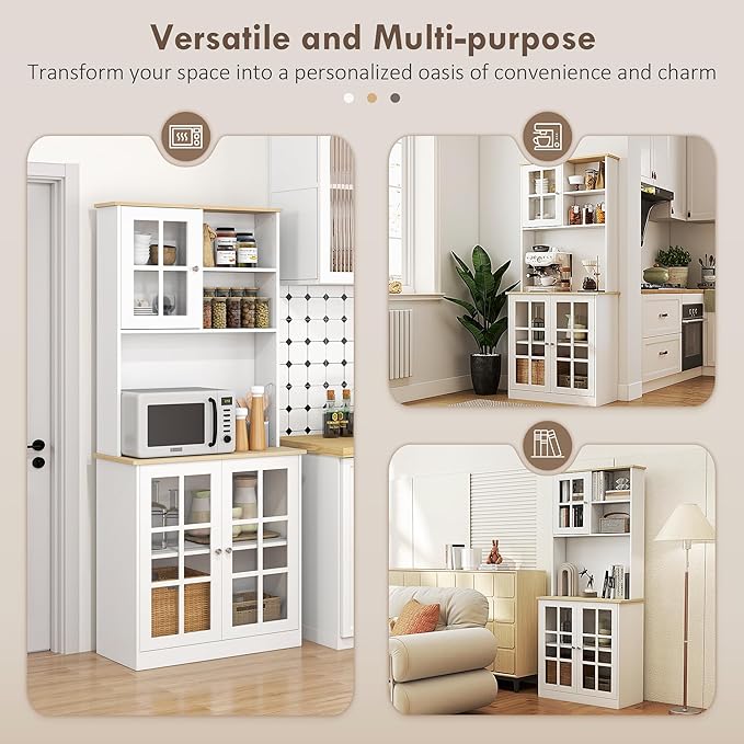 HOMCOM Kitchen Pantry Storage Cabinet, 72" Freestanding Cabinet with Hutch, Large Countertop, Glass Doors and Adjustable Shelves for Dining Room, White