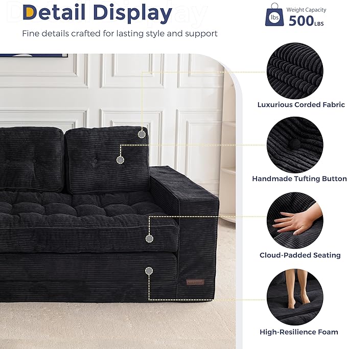 MAXYOYO Convertible Sofa Bed, Pull Out Oversized Loveseat Sleeper Sofa, Fold Out Floor Couch with Pillows for Living Room Bedroom Lounge, Black