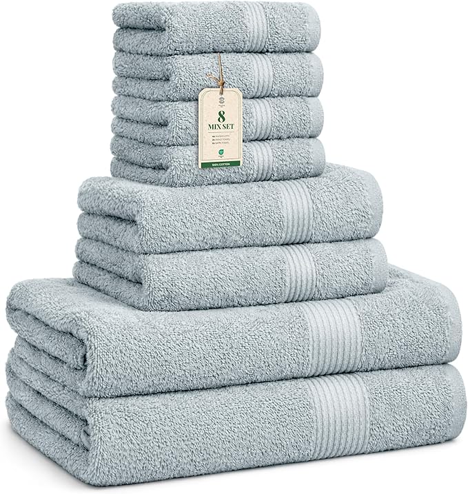 Luxe Set – Washcloths (30 x 30cm), Hand Towels (40 x 70cm) & Bath Towels (65 x 137 cm) – 100% Cotton, Soft, Absorbent, Easy Care, Versatile, (Ice Blue)