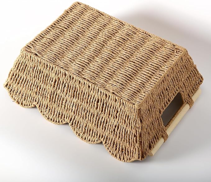 Scalloped Basket with Wooden Handle, Water Hyacinth/Seagrass/Wicker Storage Baskets, Hand Woven Baskets for Shelves,Natural Baskets for Organizing