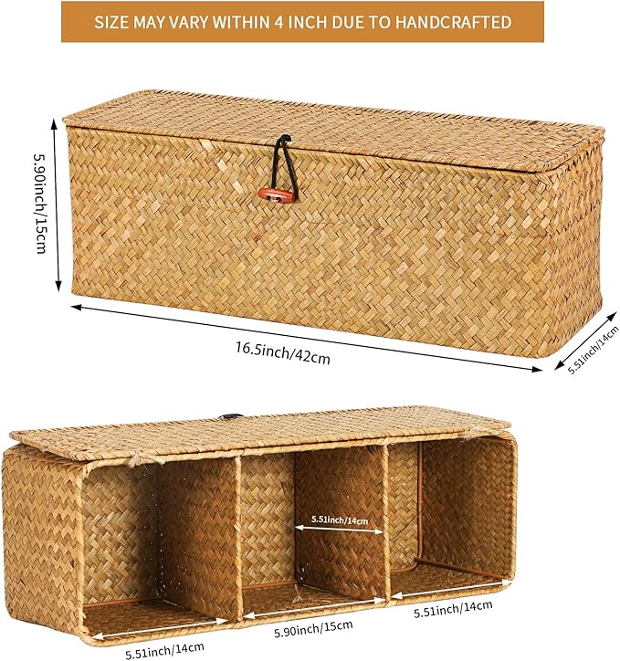 Wicker Shelf Baskets with Lid, Seagrass Basket for Storage Rectangular Woven Baskets Boxes 3-Section Home Decor Organizer (Natural Large)