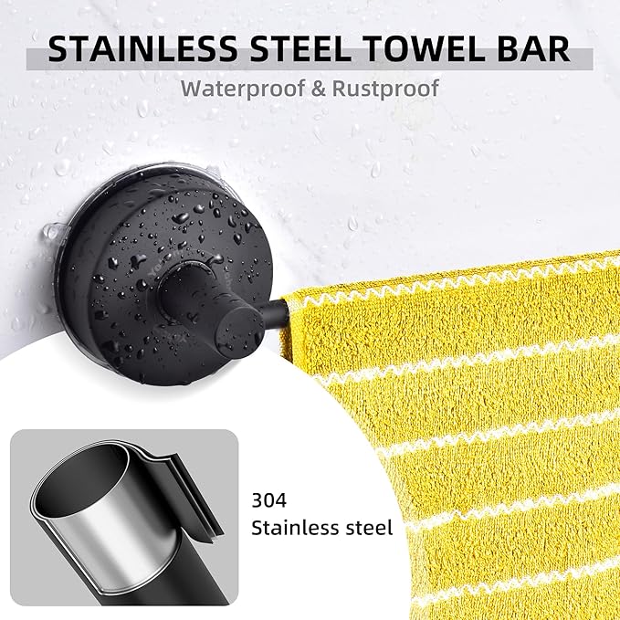 YOHOM Suction Cup Towel Bar for Shower 17 Inch Stainless Steel Bathroom Towel Rack Suction Washcloth Holder Vacuum Hand Towel Bar for Glass Shower Door Removable Towel (17inch-Black)