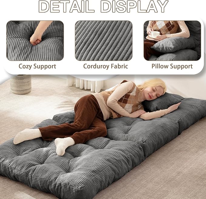 Folding Sofa Bed, Convertible Sleeper Chair with Pillow Foldable Mattress with Back Support, Portable Fold Out Chair Bed Comfy Floor Sofa Lounge for Living Room Bedroom, Dark Gray Twin 80x39 Inch