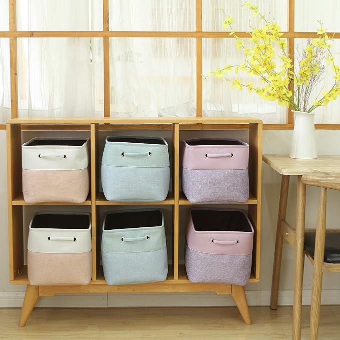 Sea Team 3-Pack Large Storage Basket Set, Trunk Organizer, Clothes Toys Bin, 15 x 10 x 10 Inches, Big Rectangular Canvas Fabric Collapsible Shelf Box with Handles for Kids Room (Babyblue/Mint)