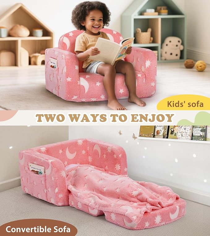 Kids Couch, 2-in-1 Soft Toddler Couch Fold Out with Blanket and Cloud Pillow, Glow in The Dark, Convertible Sofa, Gifts for Kids Girl Boys, Medium Pink Moon
