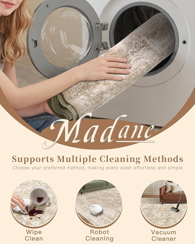 Madane 2x6 Runner Rug for Kitchen, Washable Vintage Hallway Rug with Non-Slip Rubber Backing, Soft Low Pile Throw Carpet Runner for Entryway Laundry Bathroom Bedroom Living Room (2 x 6, Beige/Brown)