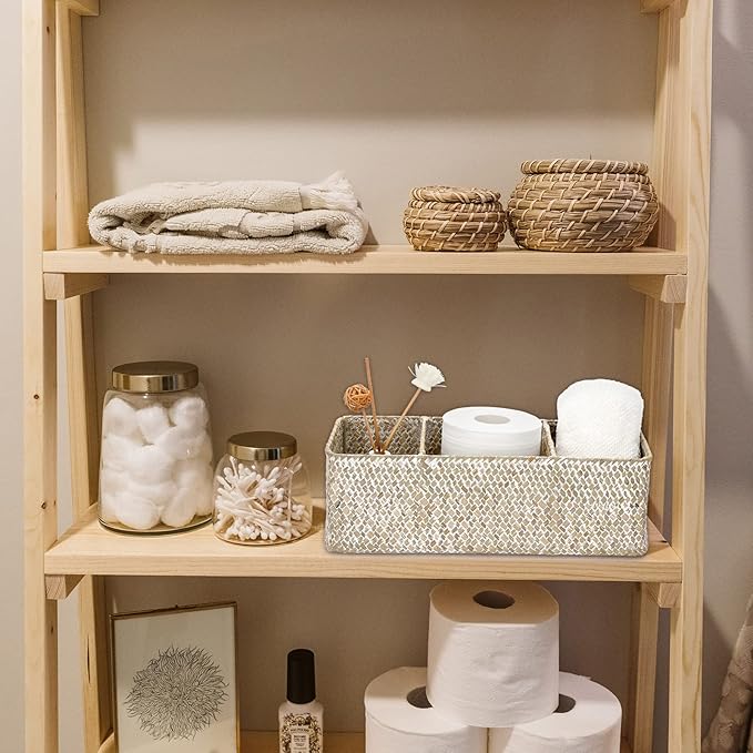 Hipiwe Seagrass Storage Basket Bin- 3 Sections Hand-Woven Toilet Basket Wicker Shelf Bathroom Organizer Bins for Shelves, Kitchen, Closets, Toilet Paper Tissue Organizer