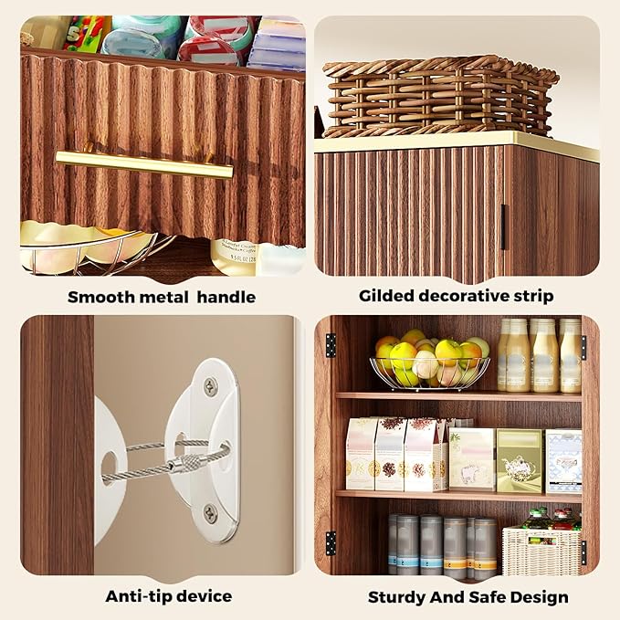 Fluted Pantry Cabinet, 71" Tall Modern Storage Cabinet with 4 Doors, Organizer, Drawer and 8 Door Shelves, Wood Cupboard for Kitchen, Dining Room, Living Room and Bathroom, Walnut