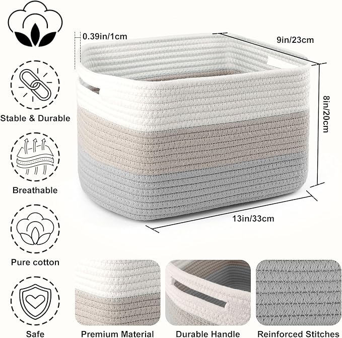 4 Pack Storage Baskets for Organizing, 12''Lx10''Wx8''H Woven Baskets for Storage Toys, Towels, Books, and Clothes, Cotton Rope Basket for Shelves with Handle (White & Grey)
