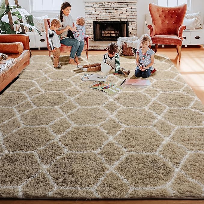 ONASAR 7x9 Area Rugs for Living Room Bedroom, Large Fluffy Beige and White Throw Rug, Geometric Soft Plush Shaggy Indoor Floor Carpet for Nursery Kids Girls Boys Teen Dorm Home Decor Aesthetic