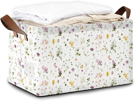 32L Large Storage Bins with Handles, Basket Organizer for Shelves, Closet, Books, Laundry & Home Decor (Meadow Flower)