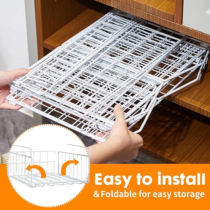 Hanging Under Shelf Storage Basket, 4 Pack Foldable Under Cabinet Metal Desk Storage Wire Rack Organizer for Kitchen Pantry Bookshelf Office Home, Easy to Install Slide-in Under Shelves (White)
