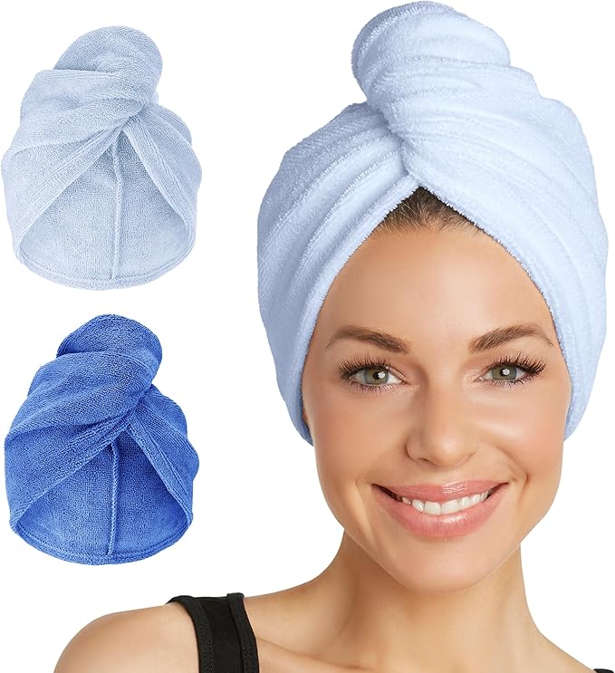 Turbie Twist 2-Pack Microfiber Hair Towel for Beauty, Travel, Gifting - Wrap Turban for Straight, Wavy & Curly Hair - Premium Personal Care - Dazzling Blue & Windsurfer