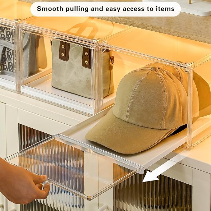 Hat Organizer Cap Box, Stackable Clear Baseball Caps Holder Containers with Magnetic Door for Hats Snapback Cap Storage, Pull Out Drawer Hat Rack Display Case (1pack)