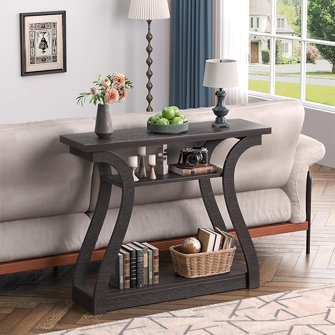 Wooden Console Table with Curved Legs and Shelf, 3-Tier Modern Accent Sofa Table for Entrance Area, Living Room, Hallway 47 in Wide (Brown)