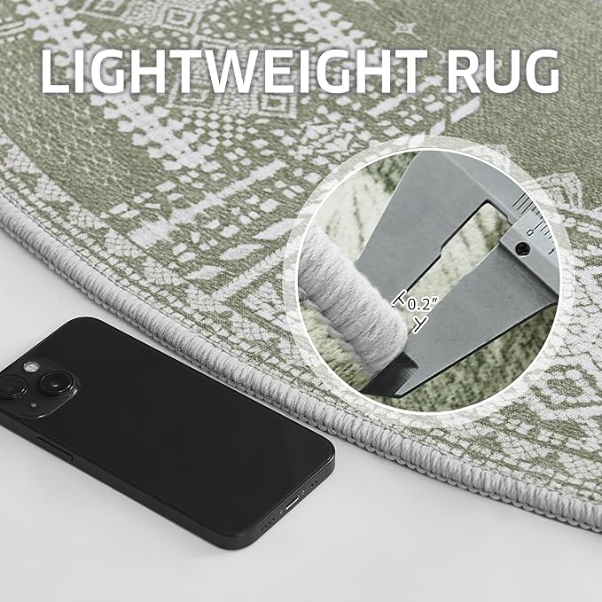 NICETOWN 4ft Round Christmas Rugs Green Boho Wahsable Rug, Thin Non-Slip Green Carpet for Dining Room, Non-Slip Faux Wool Soft Round for Living Room, Sage Green, 4ft