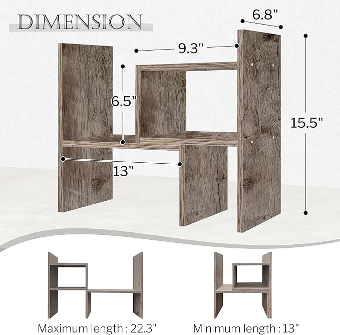 Jerry & Maggie Desktop Organizer Office Storage Rack Adjustable Wood Display Shelf Birthday Gifts Toy Home Decor Free Style Rotation Display True Natural Stand Shelf (Gray Oak/2 Pack)