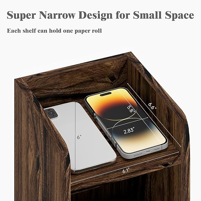 Small Bathroom Storage Cabinet, Corner Floor Cabinet with Door and Shelves, Narrow Toilet Paper Cabinet, Bathroom Organizer with Adjustable Shelf, for Small Spaces (Walnut, 5-Tier)