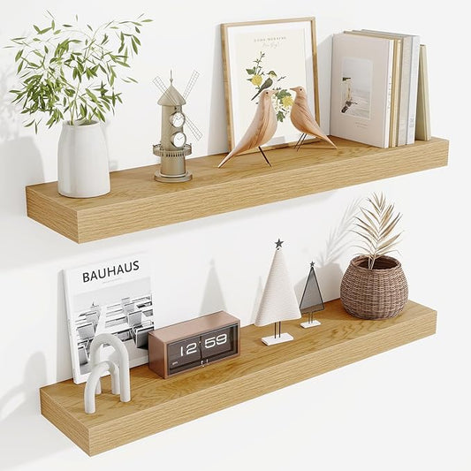 Fun Memories Floating Shelves 30 Inch, Wall Mounted Wood Shelf Set of 2, Farmhouse Decor for Bathroom, Bedroom, Kitchen, Living Room, Oak