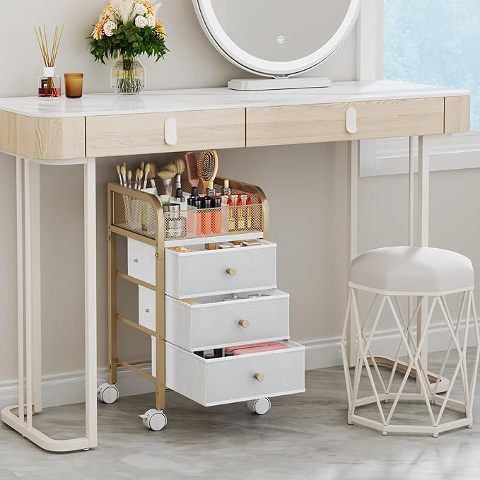 SWTYMIKI Rolling Makeup Organizer Cart - Floor Skincare Make Up Storage with 3 Non-woven Drawers, Vanity Organizer Cosmetic Display Cases Cabinet for Skin Care Perfume Nail Polish Brush Hair Tool