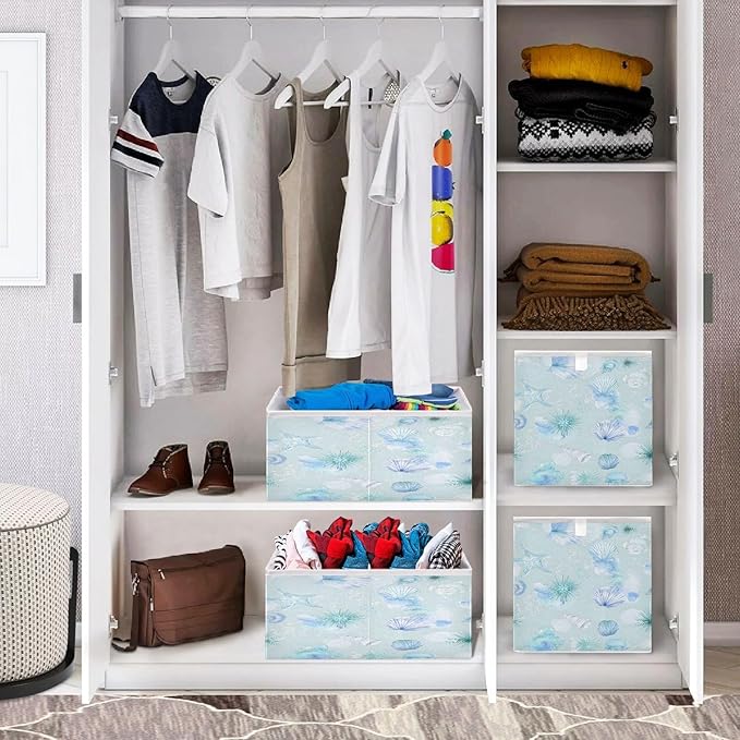Bolaz Blue Shell Pattern Closet Organizers Storage Cubes Storage Bins Shelf Baskets Containers for Home Room Office,Square